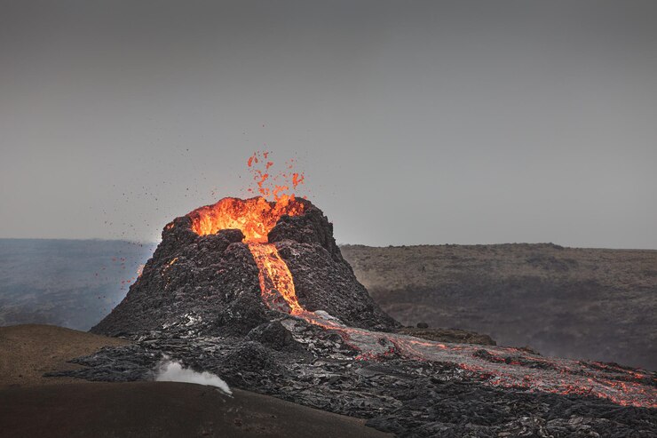 beautiful shot active volcano with flowing lava smoke clear sky 181624 56865